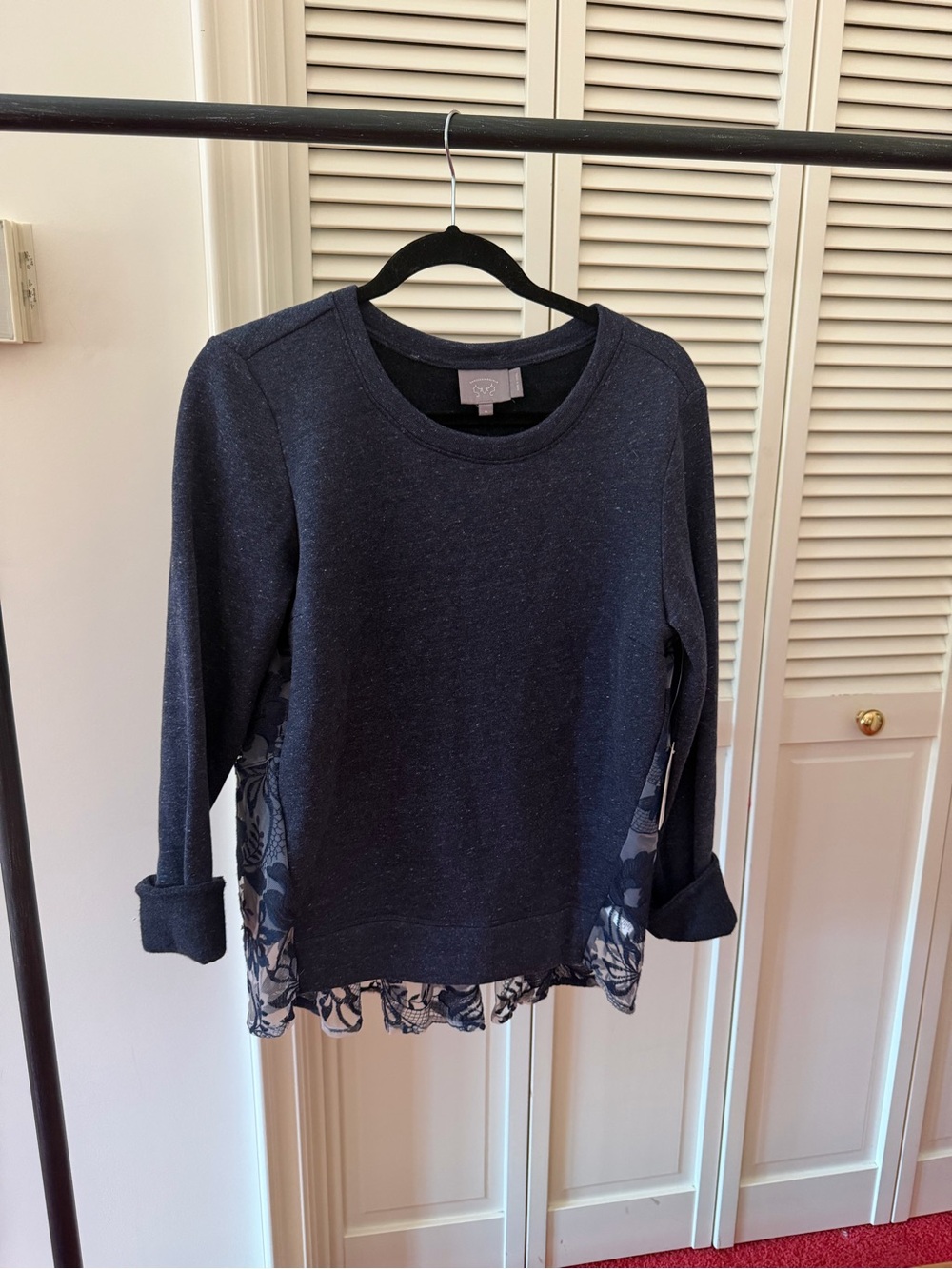 Women's Navy Crewneck Sweatshirt with Lace Trim